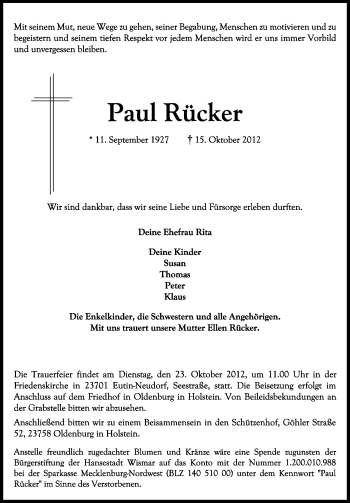 Traueranzeige von Paul Rücker von Ostfriesischer Kurier