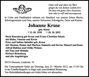 Traueranzeige von Johanne Kruse von Ostfriesischer Kurier