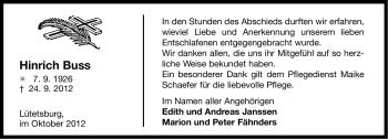 Traueranzeige von Hinrich Buss von Ostfriesischer Kurier