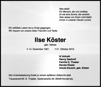 Traueranzeige von Ilse Köster von Ostfriesischer Kurier