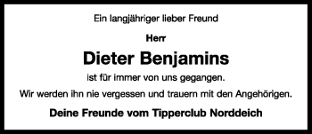 Traueranzeige von Dieter Benjamins von Ostfriesischer Kurier