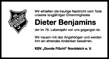 Traueranzeige von Dieter Benjamins von Ostfriesischer Kurier