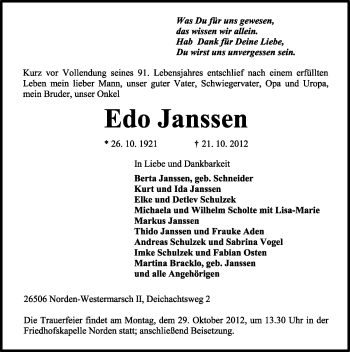 Traueranzeige von Edo Janssen von Ostfriesischer Kurier