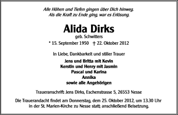 Traueranzeige von Alida Dirks von Ostfriesischer Kurier