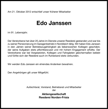 Traueranzeige von Edo Janssen von Ostfriesischer Kurier