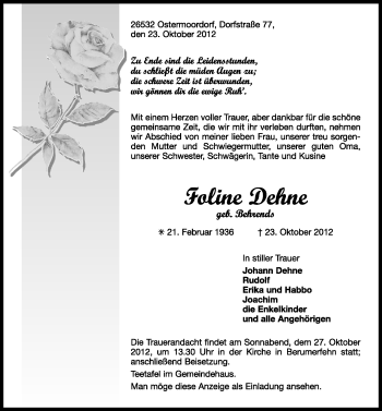 Traueranzeige von Foline Dehne von Ostfriesischer Kurier