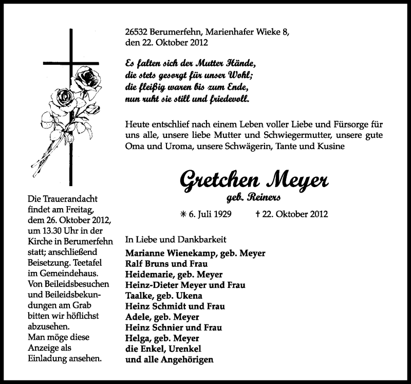  Traueranzeige für Gretchen Meyer vom 24.10.2012 aus Ostfriesischer Kurier