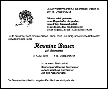 Traueranzeige von Hermine Bauer von Ostfriesischer Kurier