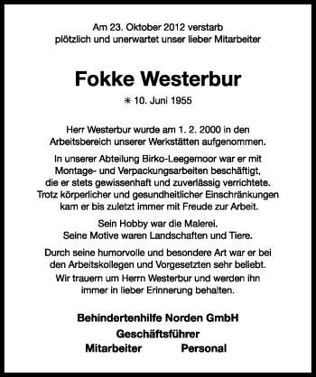Traueranzeige von Fokke Westerbur von Ostfriesischer Kurier