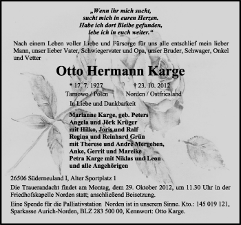 Traueranzeige von Otto Hermann Karge von Ostfriesischer Kurier