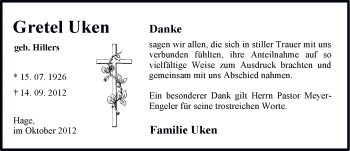 Traueranzeige von Gretel Uken von Ostfriesischer Kurier