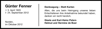 Traueranzeige von Günter Fenner von Ostfriesischer Kurier