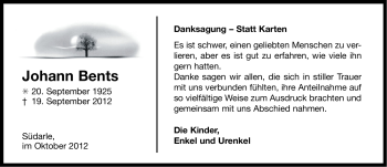 Traueranzeige von Johann Bents von Ostfriesischer Kurier