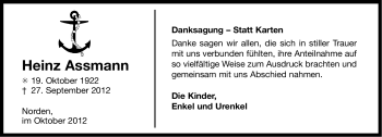 Traueranzeige von Heinz Assmann von Ostfriesischer Kurier