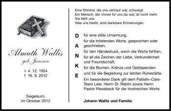 Traueranzeige von Almuth Wallis von Ostfriesischer Kurier