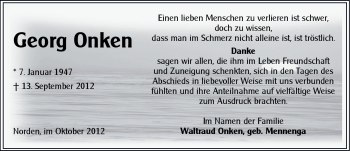 Traueranzeige von Georg Onken von Ostfriesischer Kurier