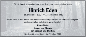 Traueranzeige von Hinrich Eden von Ostfriesischer Kurier