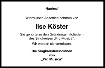 Traueranzeige von Ilse Köster von Ostfriesischer Kurier