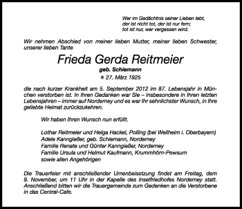 Traueranzeige von Freida Gerda Reitmeier von Ostfriesischer Kurier