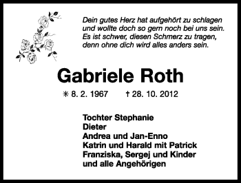Traueranzeige von Garbriele Roth von Ostfriesischer Kurier