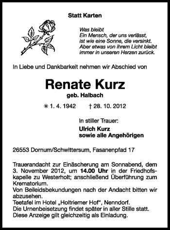 Traueranzeige von Renate Kurz von Ostfriesischer Kurier