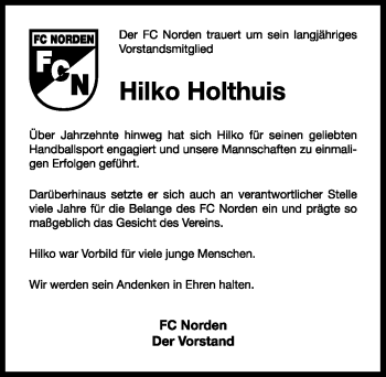 Traueranzeige von Hilko Holthuis von Ostfriesischer Kurier