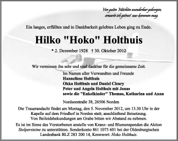 Traueranzeige von Hilko Holthuis von Ostfriesischer Kurier