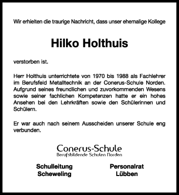 Traueranzeige von Hilko Holthuis von Ostfriesischer Kurier