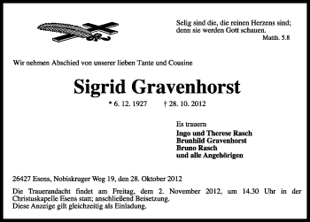 Traueranzeige von Sigrid Gravenhorst von Ostfriesischer Kurier