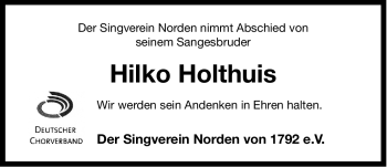 Traueranzeige von Hilko Holthuis von Ostfriesischer Kurier