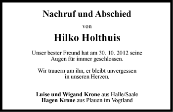 Traueranzeige von Hilko Holthuis von Ostfriesischer Kurier