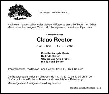 Traueranzeige von Claas Rector von Ostfriesischer Kurier
