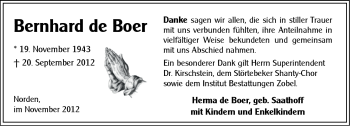 Traueranzeige von Bernhard de Boer von Ostfriesischer Kurier
