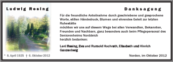 Traueranzeige von Ludwig Resing von Ostfriesischer Kurier