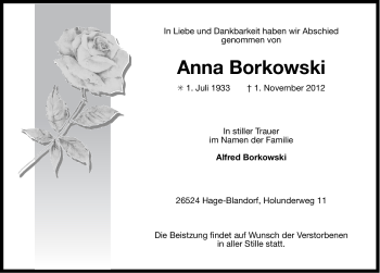 Traueranzeige von Anna Borkowski von Ostfriesischer Kurier