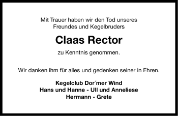 Traueranzeige von Claas Rector von Ostfriesischer Kurier