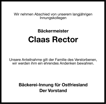 Traueranzeige von Claas Rector von Ostfriesischer Kurier