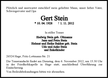 Traueranzeige von Gert Stein von Ostfriesischer Kurier