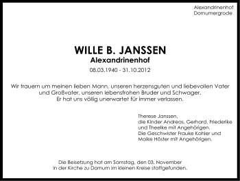 Traueranzeige von Wille  Janssen von Ostfriesischer Kurier