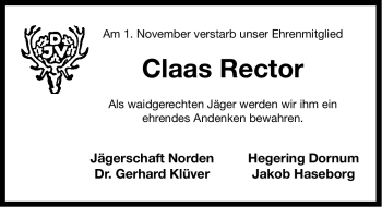 Traueranzeige von Claas Rector von Ostfriesischer Kurier