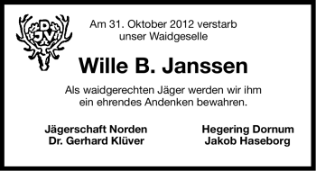 Traueranzeige von Wille  Janssen von Ostfriesischer Kurier