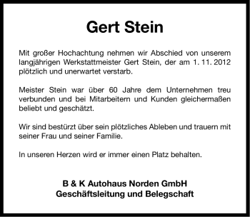 Traueranzeige von Gert Stein von Ostfriesischer Kurier