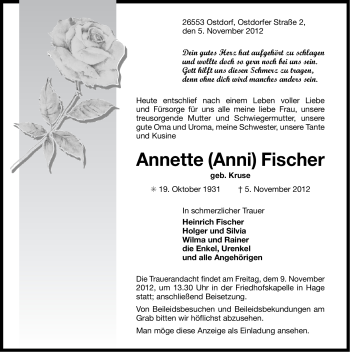 Traueranzeige von Annette (Anni) Fischer von Ostfriesischer Kurier