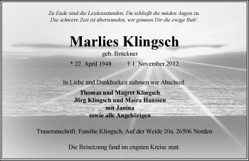 Traueranzeige von Marlies Klingsch von Ostfriesischer Kurier