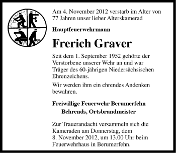 Traueranzeige von Frerich Graver von Ostfriesischer Kurier