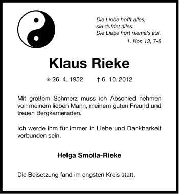 Traueranzeige von Klaus Rieke von Ostfriesischer Kurier