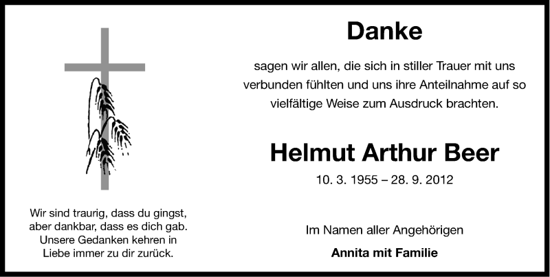  Traueranzeige für Helmut Arthur Beer vom 10.11.2012 aus Ostfriesischer Kurier