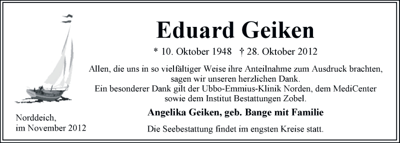  Traueranzeige für Eduard Geiken vom 08.11.2012 aus Ostfriesischer Kurier