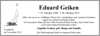 Traueranzeige von Eduard Geiken von Ostfriesischer Kurier