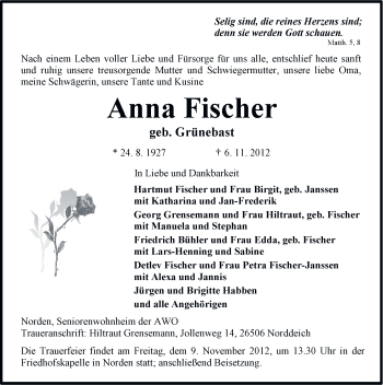 Traueranzeige von Anna Fischer von Ostfriesischer Kurier